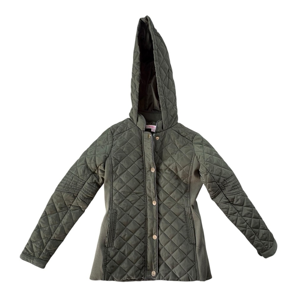 C I SONO Kids Olive Quilted Hooded Jacket Size M 10 Zip Snap Pockets